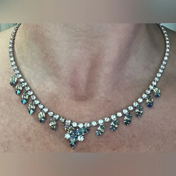 Vintage Signed B David Blue AB Rhinestone Necklace & Earring Set - Picture 5 of 5